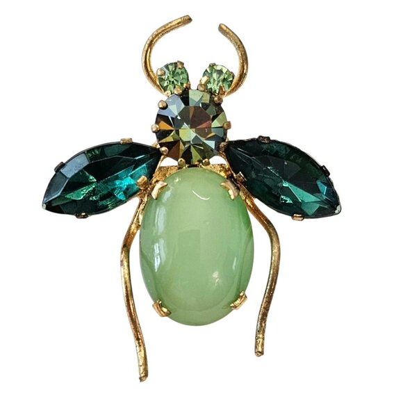 Austria Green Rhinestone Bug Brooch Pin, Uranium Glass, Domed Cabochon Pin, J32 - Picture 1 of 7